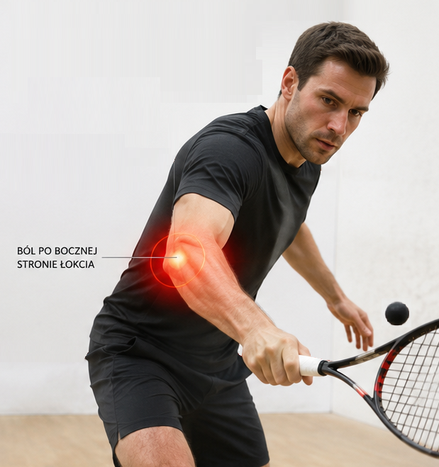 Łokieć tenisisty w squashu – ból po bocznej stronie łokcia u zawodnika podczas uderzenia backhandem